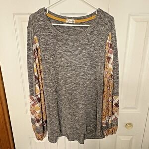 World Unity Jersey Patchwork Balloon Sleeve Top XL Cottagecore Boho‎ Floral